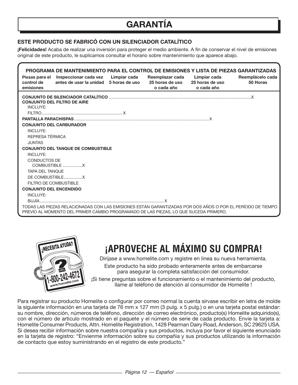 Aproveche al máximo su compra, Garantía | Homelite UT09002 User Manual | Page 36 / 38
