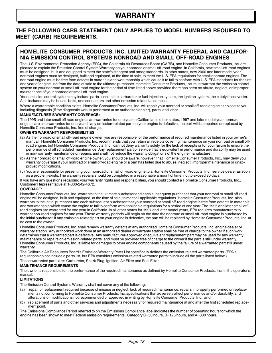 Warranty | Homelite ZR08107 User Manual | Page 18 / 20