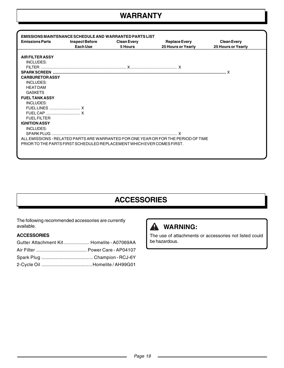 Warranty, Accessories, Warning | Homelite ZR08107 User Manual | Page 19 / 20