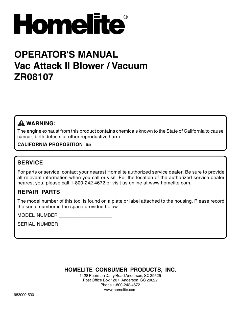 Homelite ZR08107 User Manual | Page 20 / 20