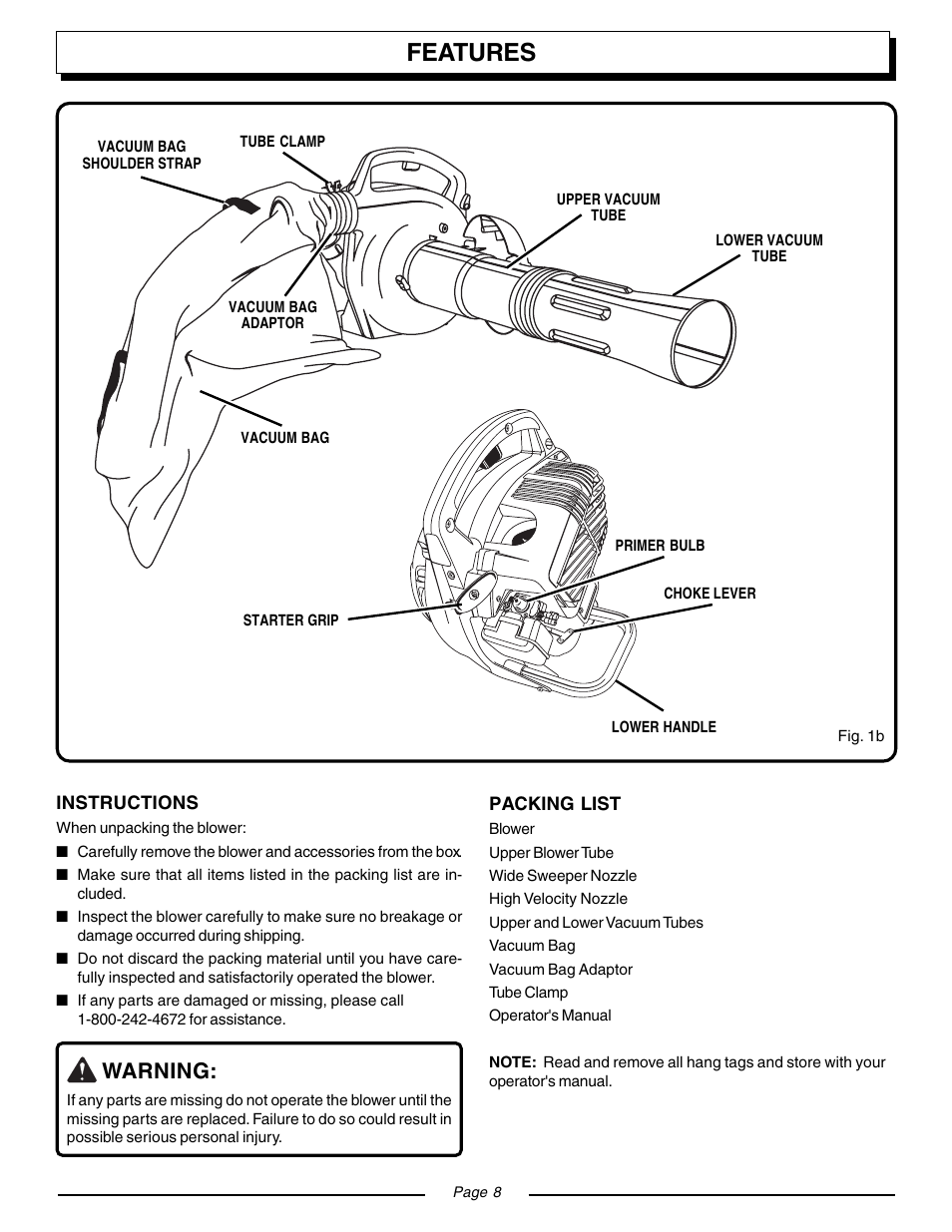 Features, Warning | Homelite ZR08107 User Manual | Page 8 / 20