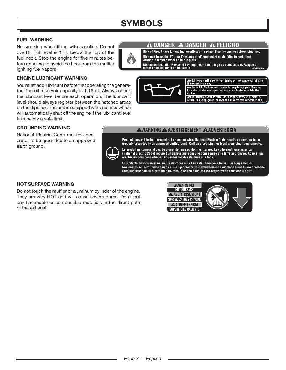 Danger peligro, Symbols | Homelite HGCA5000 User Manual | Page 11 / 60