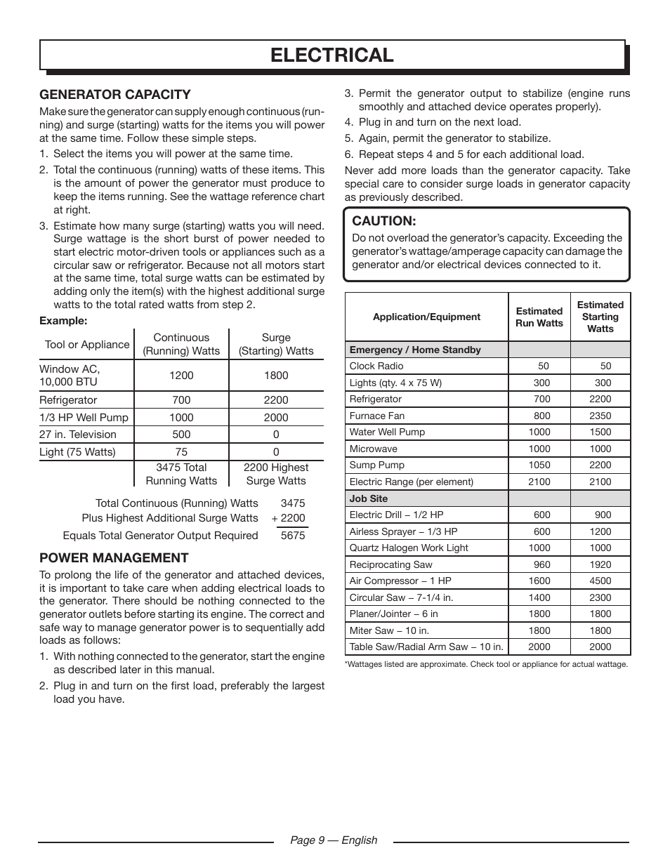 Electrical | Homelite HGCA5000 User Manual | Page 13 / 60