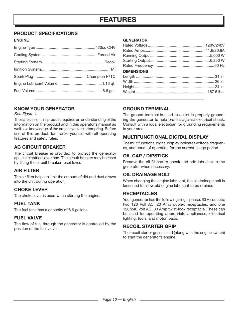 Features | Homelite HGCA5000 User Manual | Page 14 / 60