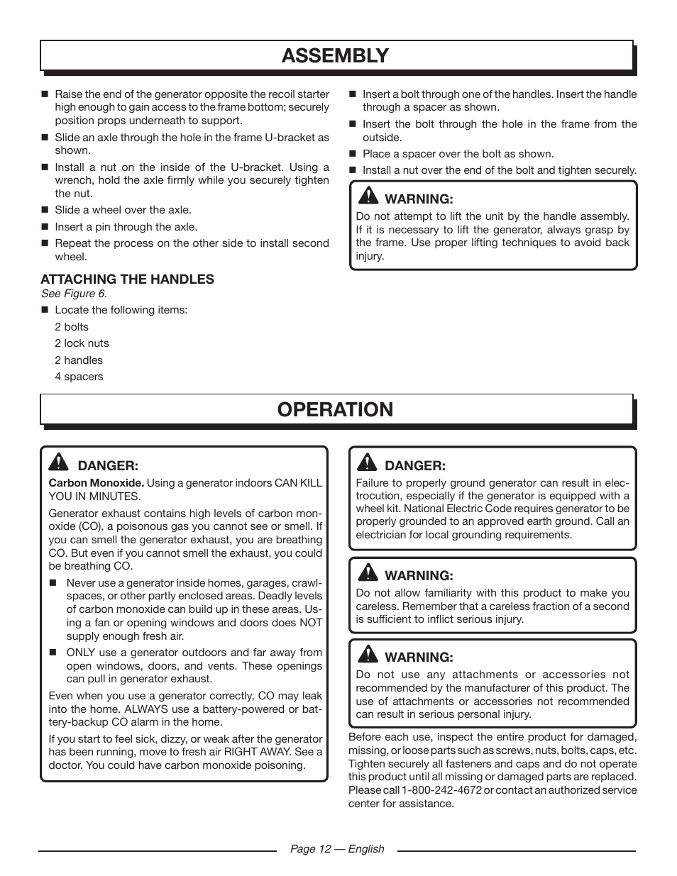 Assembly, Operation | Homelite HGCA5000 User Manual | Page 16 / 60