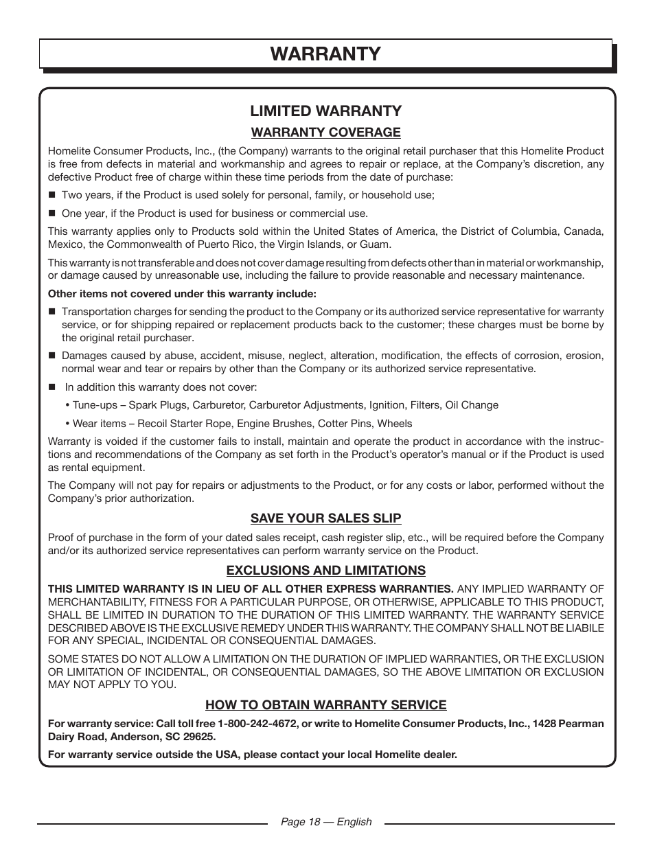 Warranty, Limited warranty | Homelite HGCA5000 User Manual | Page 22 / 60