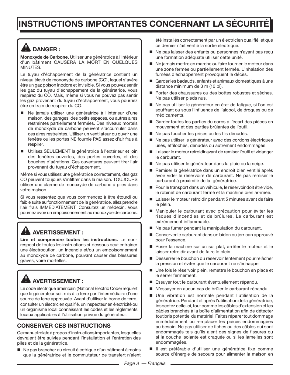 Instructions importantes concernant la sécurité, Danger, Avertissement | Conserver ces instructions | Homelite HGCA5000 User Manual | Page 25 / 60