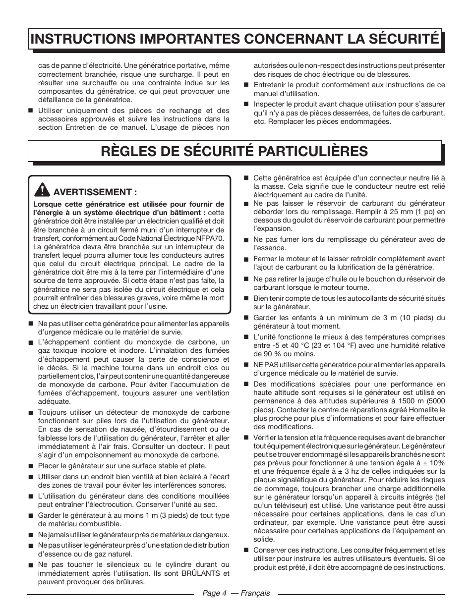 Règles de sécurité particulières, Instructions importantes concernant la sécurité, Avertissement | Homelite HGCA5000 User Manual | Page 26 / 60