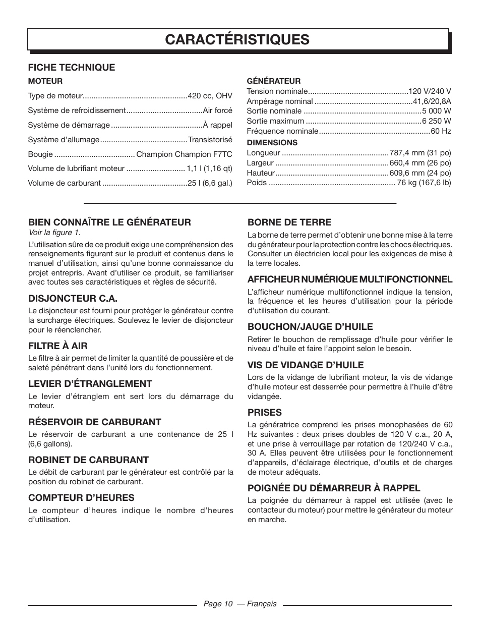 Caractéristiques | Homelite HGCA5000 User Manual | Page 32 / 60