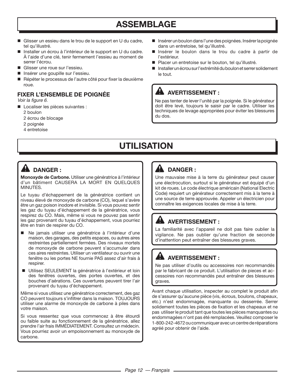 Assemblage, Utilisation | Homelite HGCA5000 User Manual | Page 34 / 60