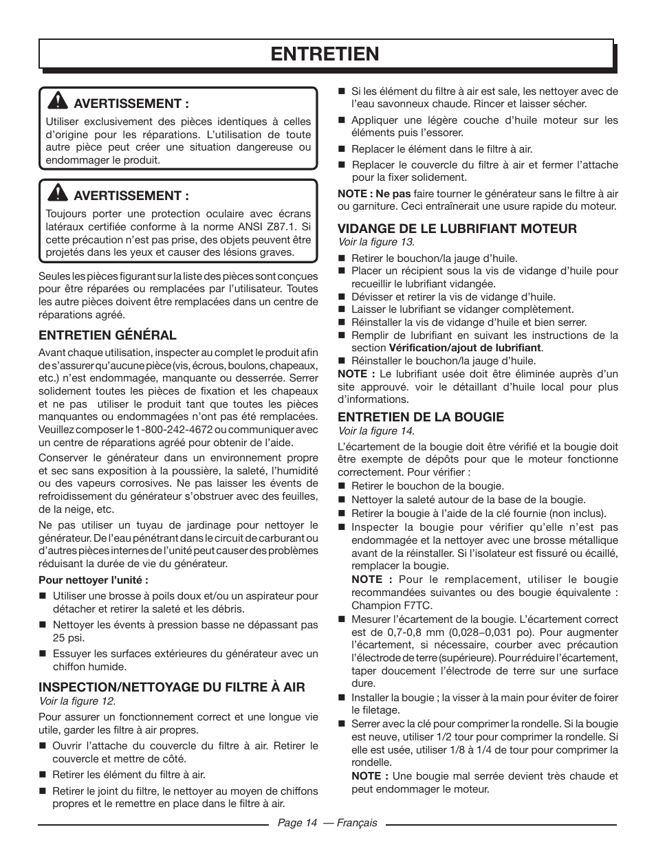 Entretien | Homelite HGCA5000 User Manual | Page 36 / 60