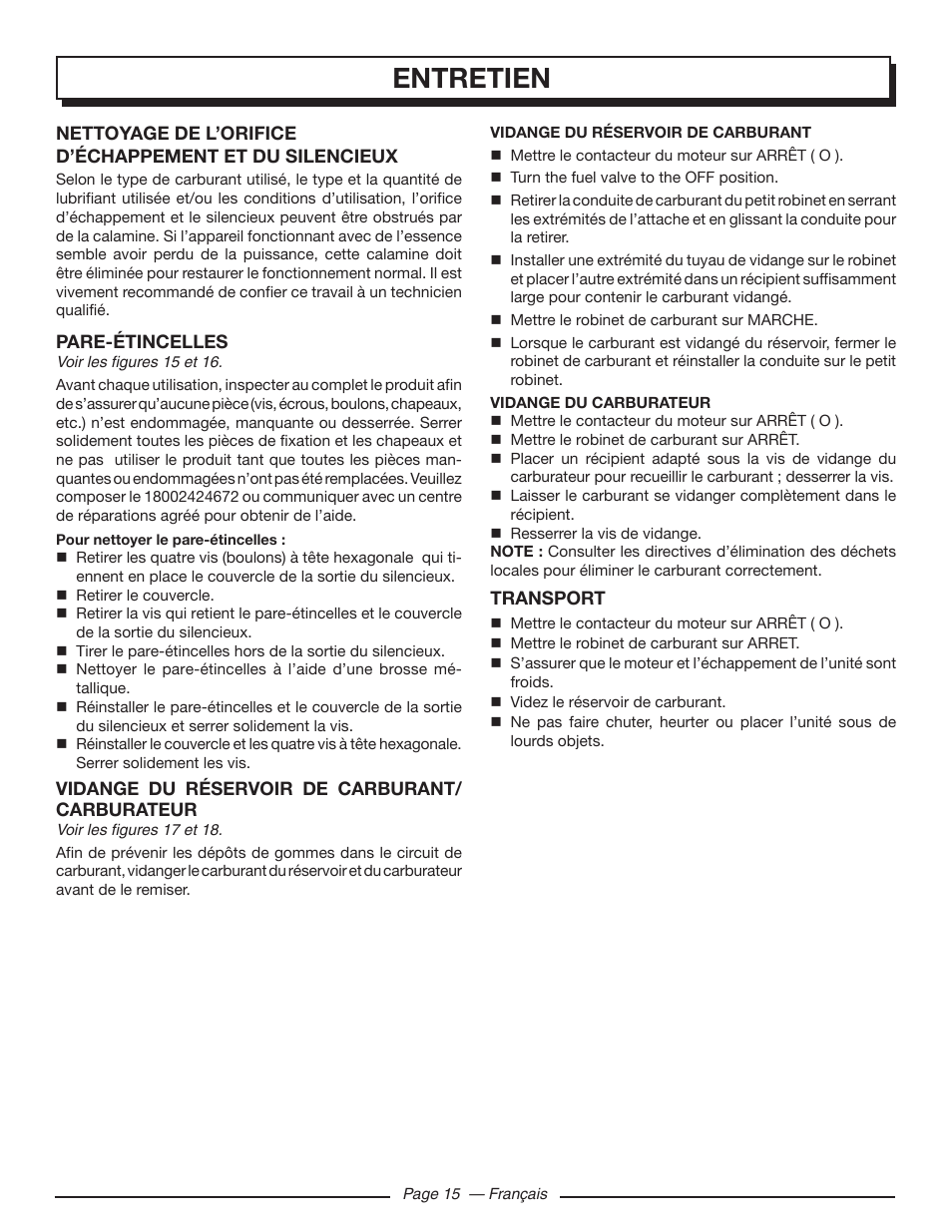 Entretien | Homelite HGCA5000 User Manual | Page 37 / 60