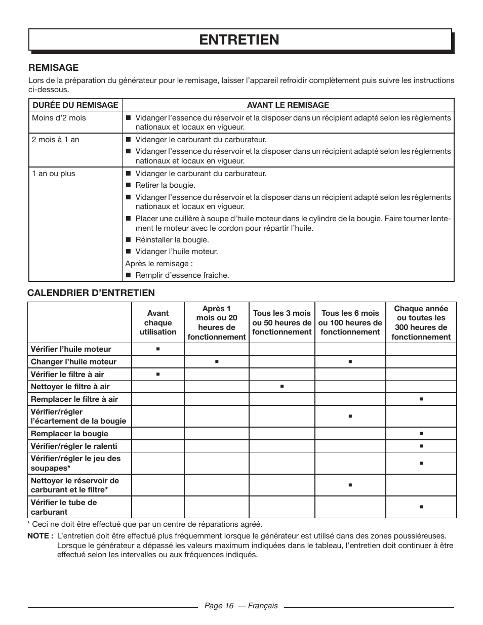 Entretien | Homelite HGCA5000 User Manual | Page 38 / 60