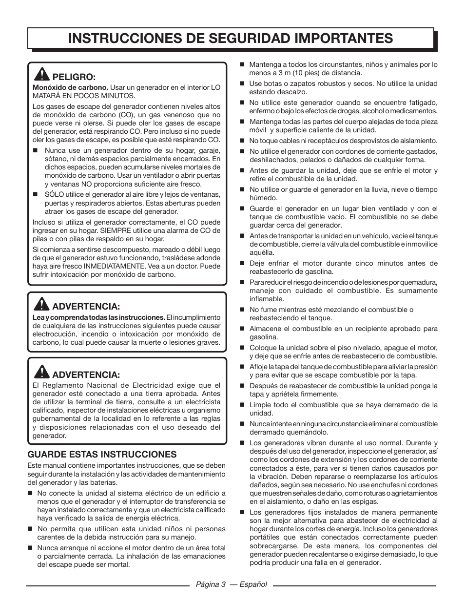 Instrucciones de seguridad importantes, Peligro, Advertencia | Guarde estas instrucciones | Homelite HGCA5000 User Manual | Page 43 / 60