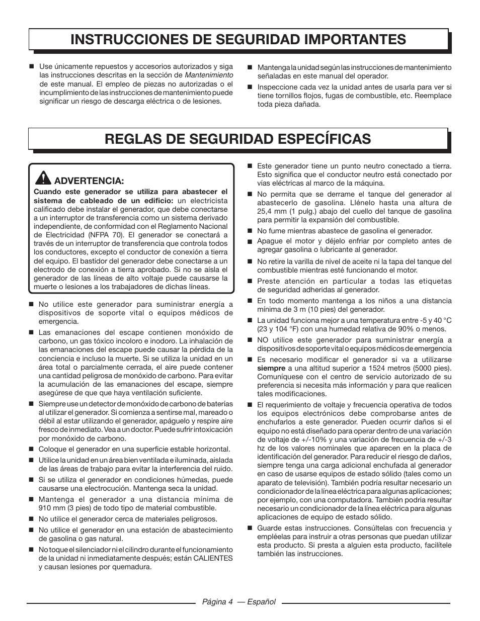 Reglas de seguridad específicas, Instrucciones de seguridad importantes | Homelite HGCA5000 User Manual | Page 44 / 60