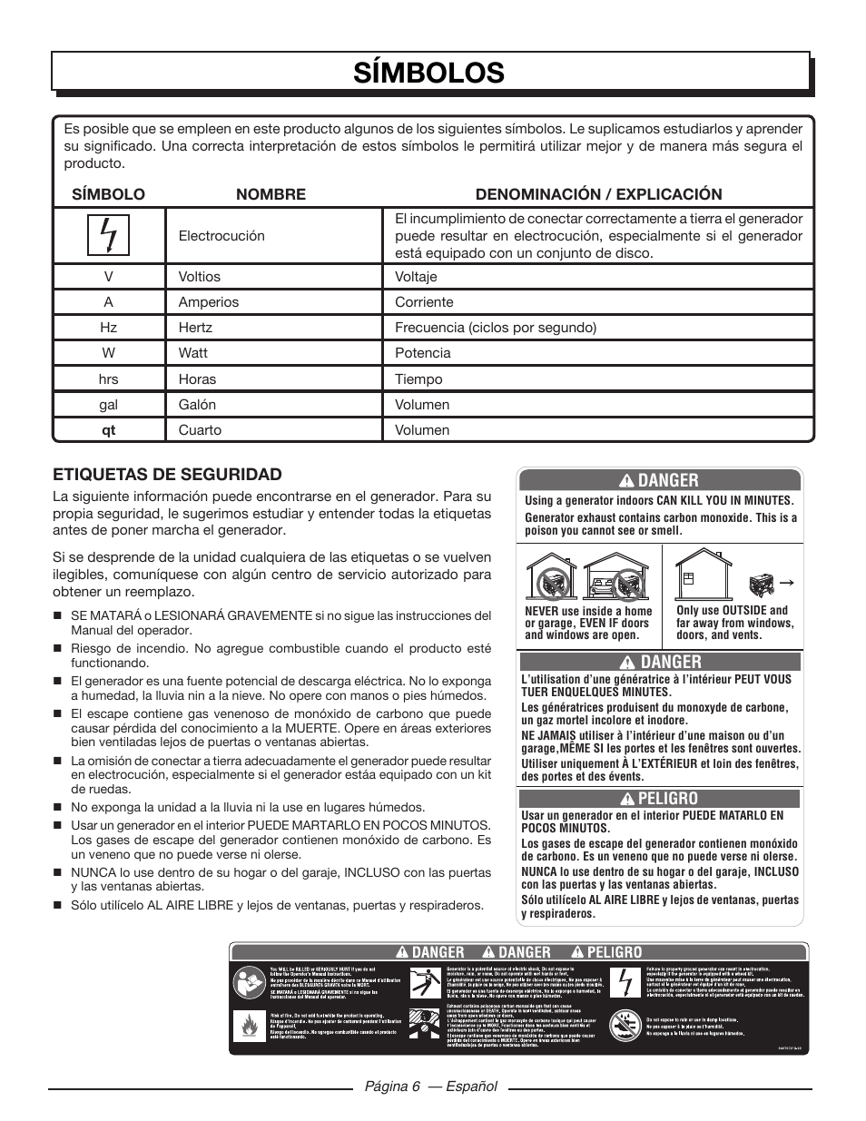 Símbolos, Danger | Homelite HGCA5000 User Manual | Page 46 / 60