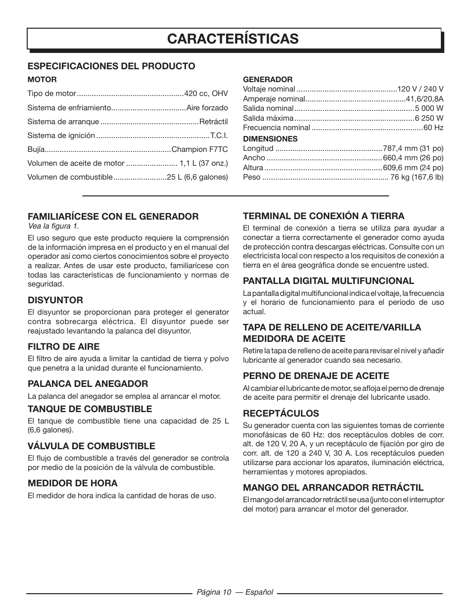 Características | Homelite HGCA5000 User Manual | Page 50 / 60