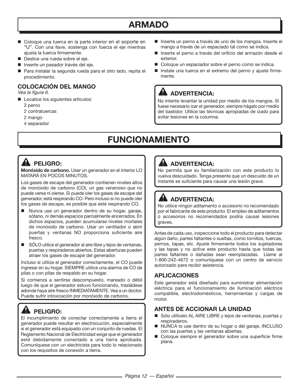 Armado, Funcionamiento | Homelite HGCA5000 User Manual | Page 52 / 60