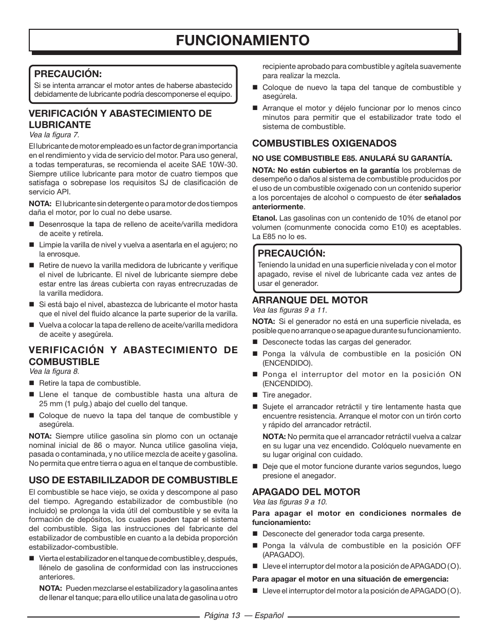 Funcionamiento | Homelite HGCA5000 User Manual | Page 53 / 60