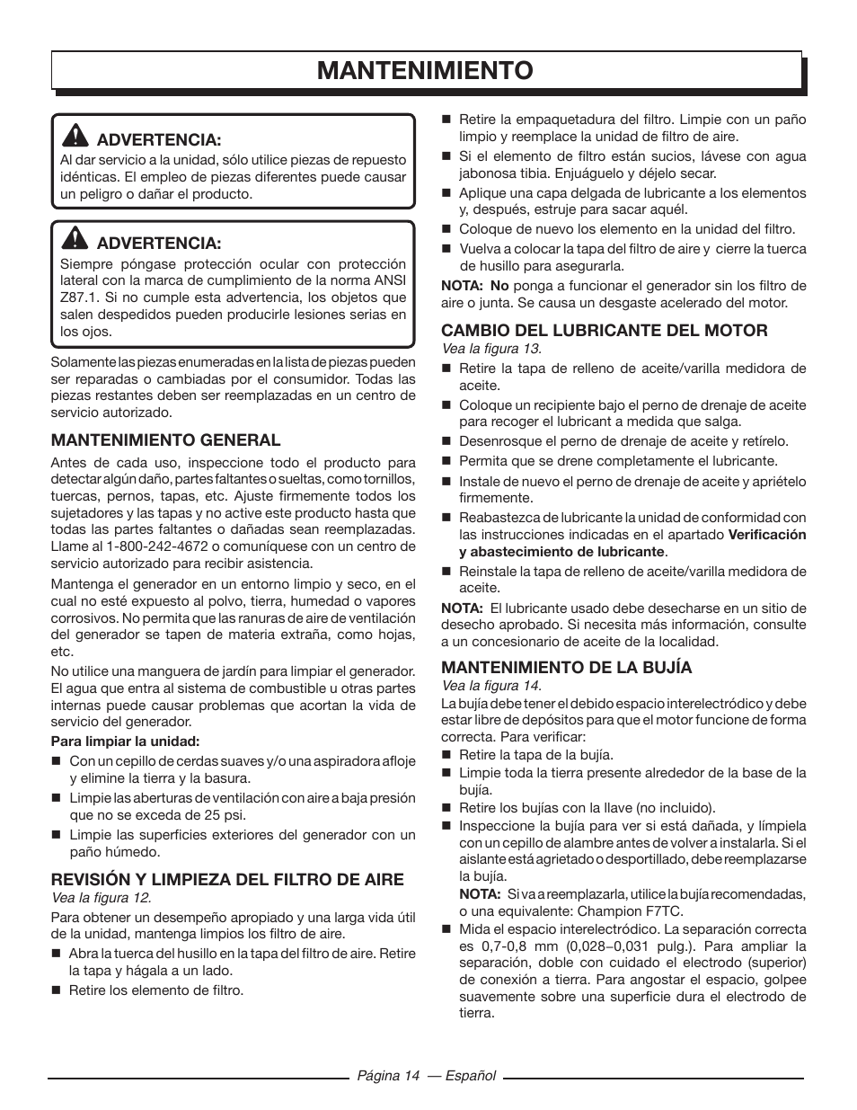 Mantenimiento | Homelite HGCA5000 User Manual | Page 54 / 60