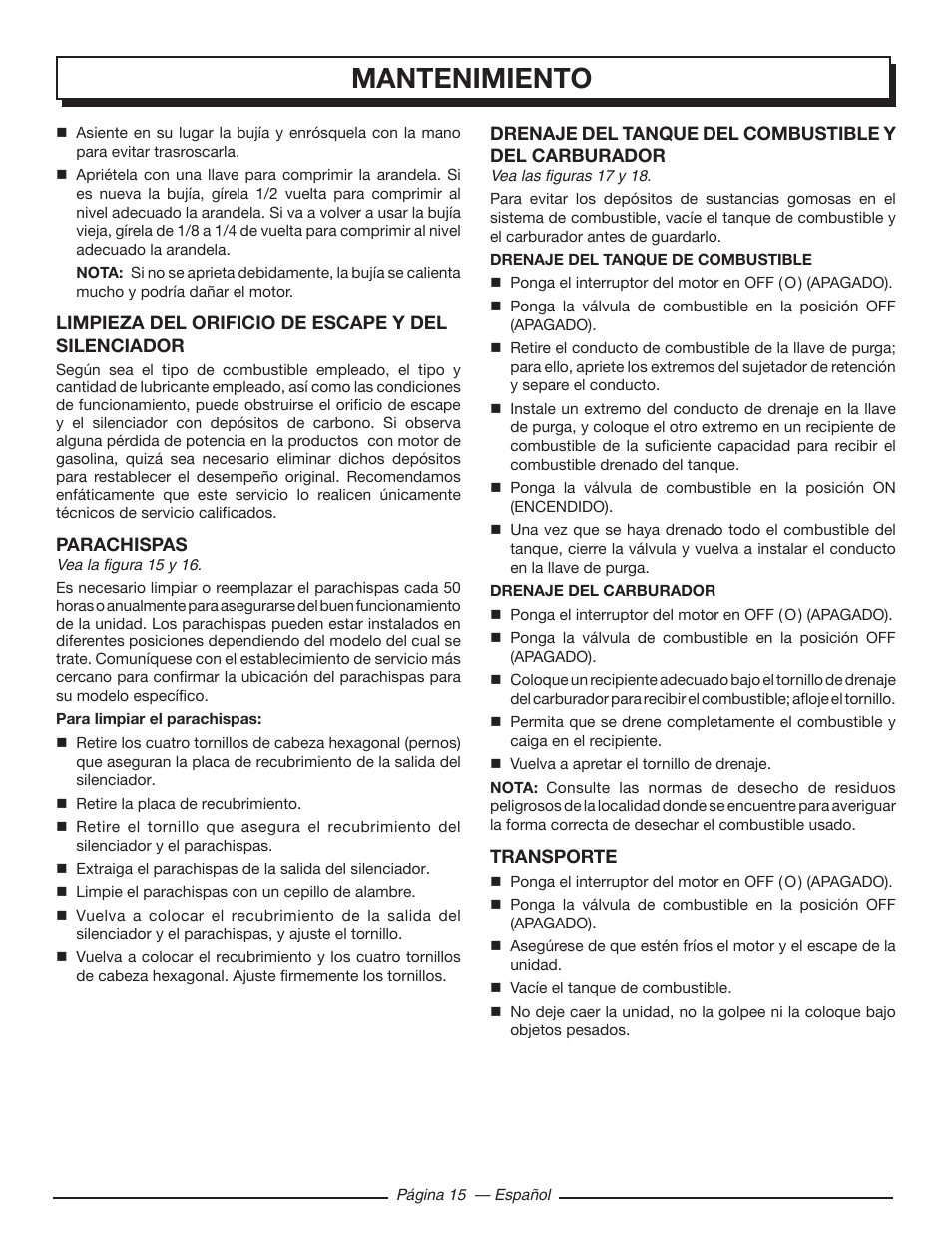 Mantenimiento | Homelite HGCA5000 User Manual | Page 55 / 60