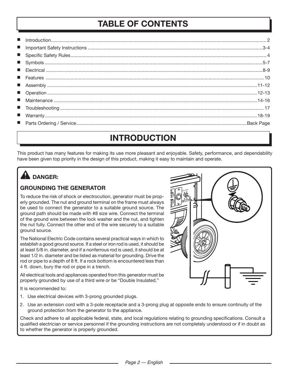 Table of contents introduction, Danger: grounding the generator | Homelite HGCA5000 User Manual | Page 6 / 60