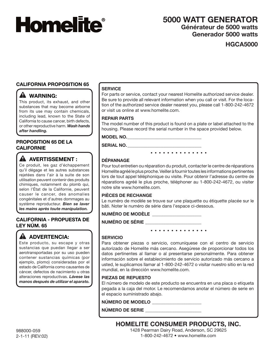 5000 watt generator | Homelite HGCA5000 User Manual | Page 60 / 60