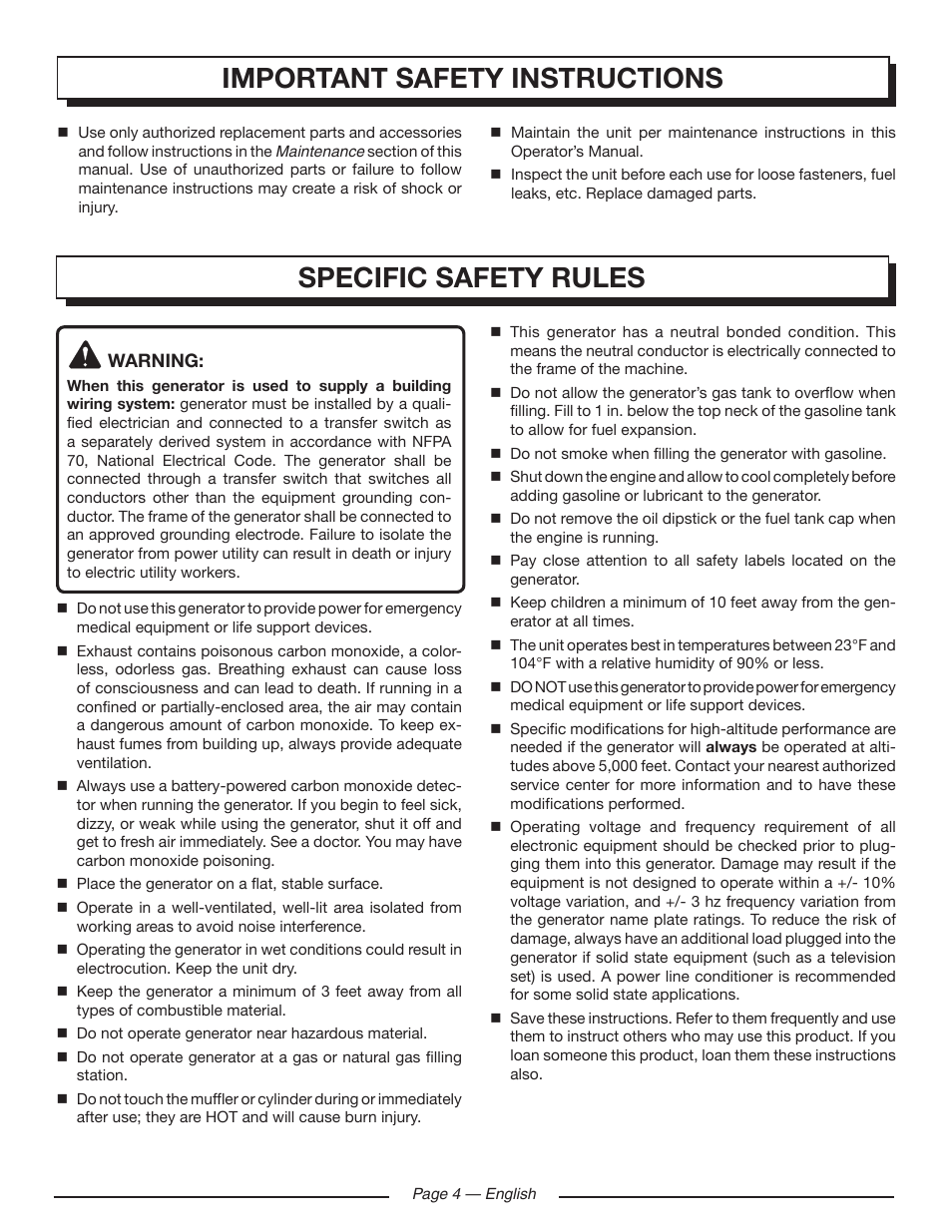 Specific safety rules, Important safety instructions | Homelite HGCA5000 User Manual | Page 8 / 60