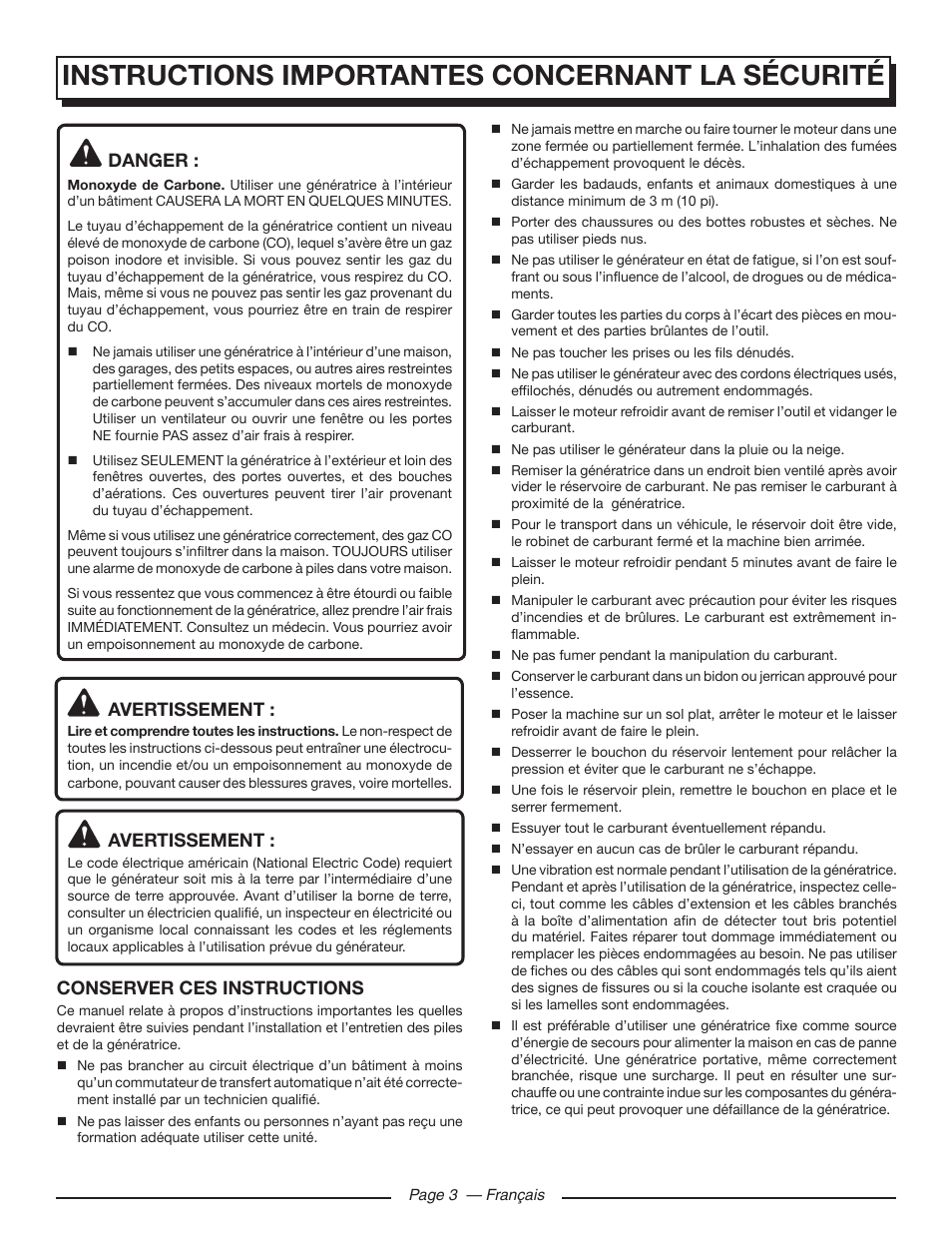 Instructions importantes concernant la sécurité, Danger, Avertissement | Conserver ces instructions | Homelite UT903611 User Manual | Page 26 / 64