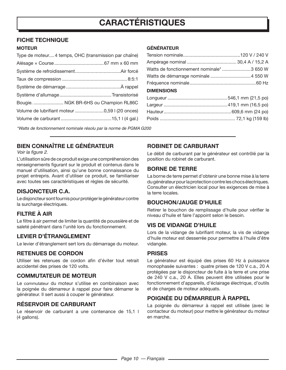 Caractéristiques | Homelite UT903611 User Manual | Page 33 / 64