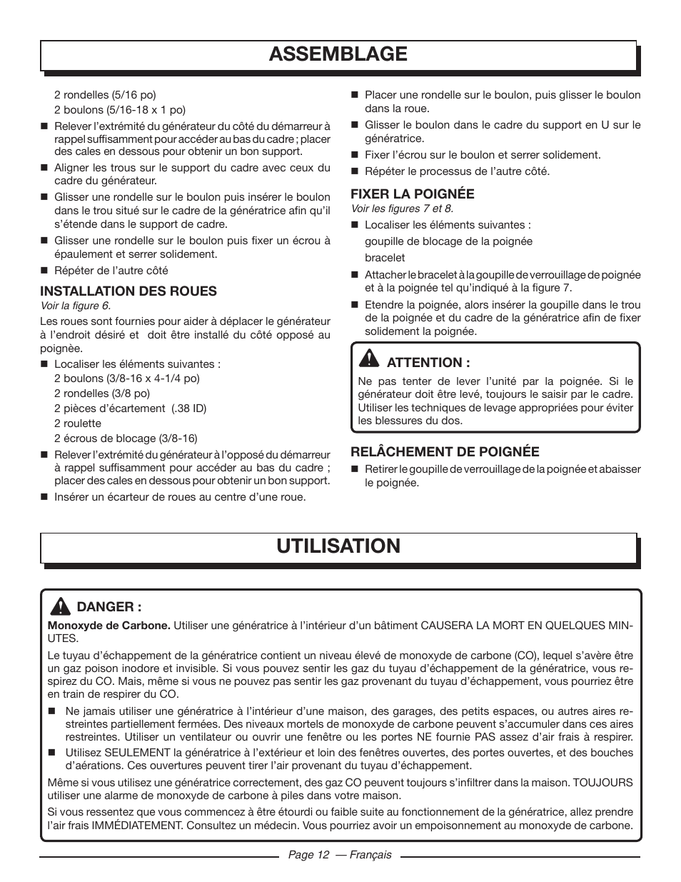 Assemblage, Utilisation | Homelite UT903611 User Manual | Page 35 / 64