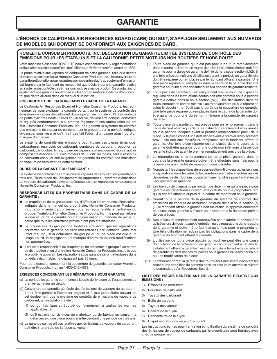 Garantie, Page 21 — français | Homelite UT903611 User Manual | Page 44 / 64