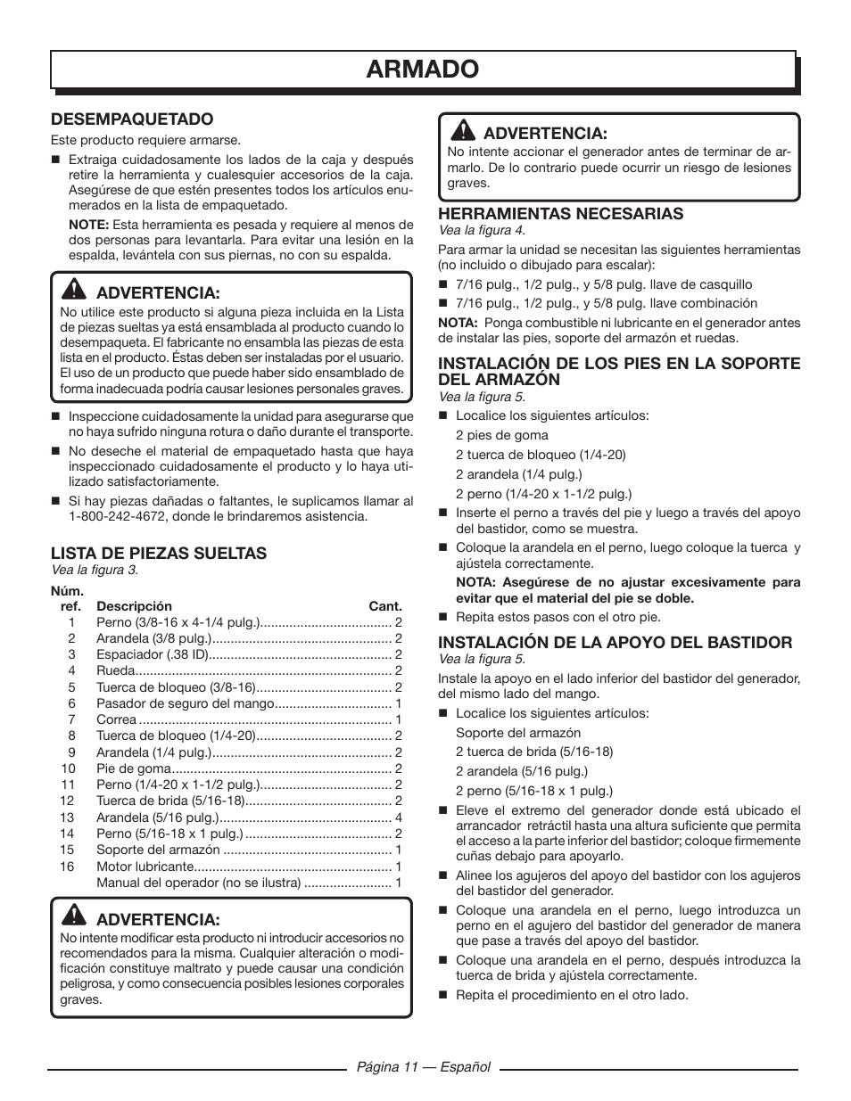 Armado, Desempaquetado, Advertencia | Lista de piezas sueltas, Herramientas necesarias, Instalación de los pies en la soporte del armazón, Instalación de la apoyo del bastidor | Homelite UT903611 User Manual | Page 54 / 64