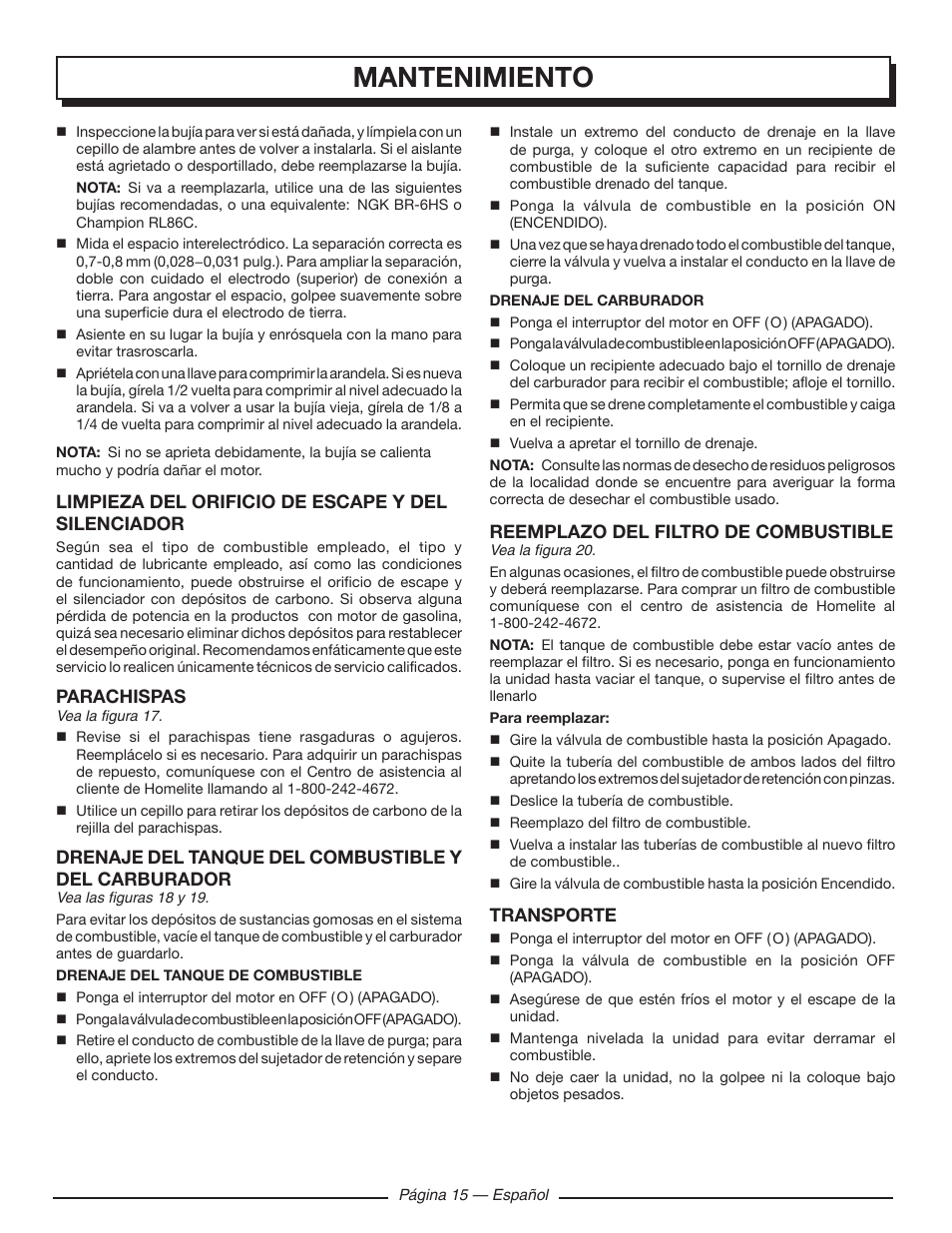 Mantenimiento, Limpieza del orificio de escape y del silenciador, Parachispas | Reemplazo del filtro de combustible, Transporte | Homelite UT903611 User Manual | Page 58 / 64