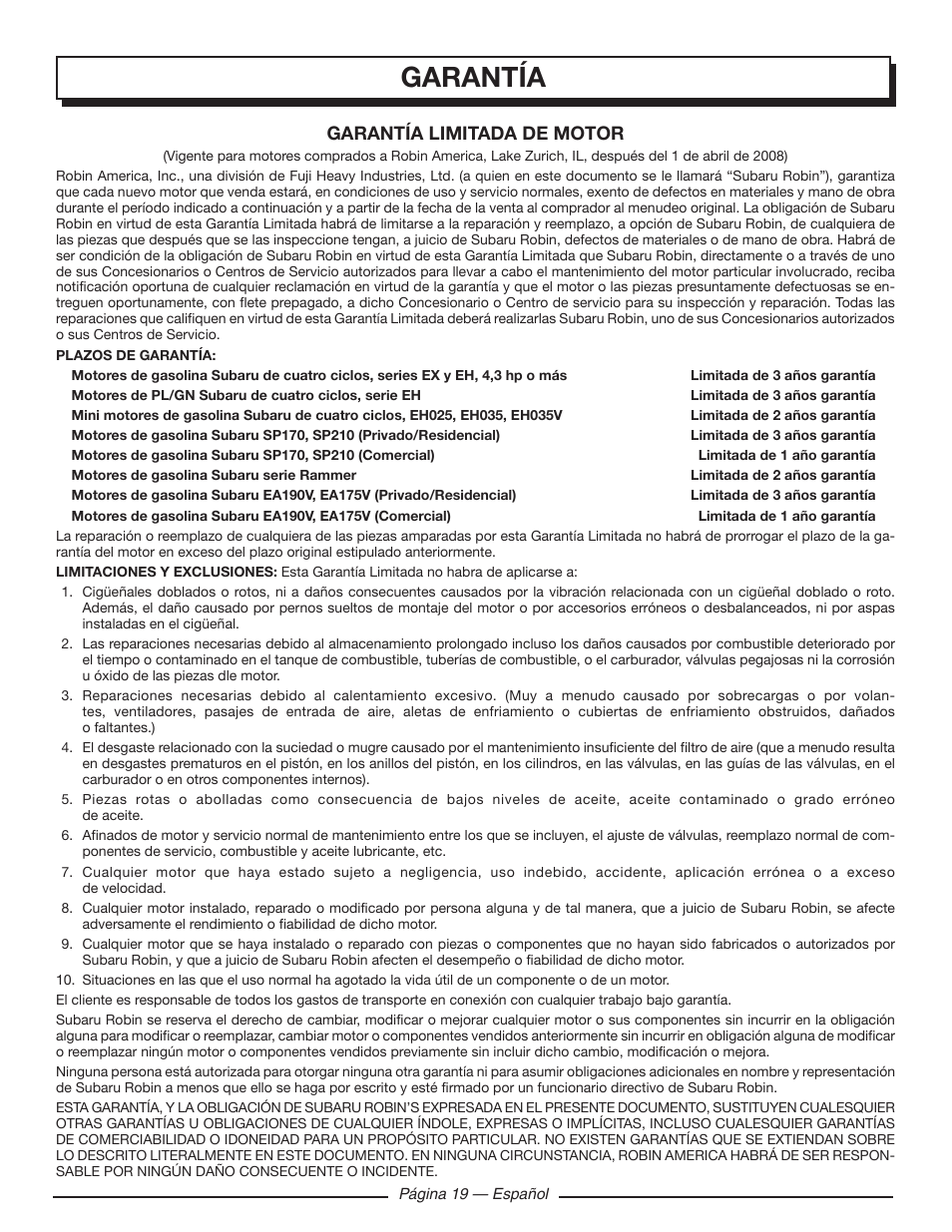 Garantía, Garantía limitada de motor | Homelite UT903611 User Manual | Page 62 / 64