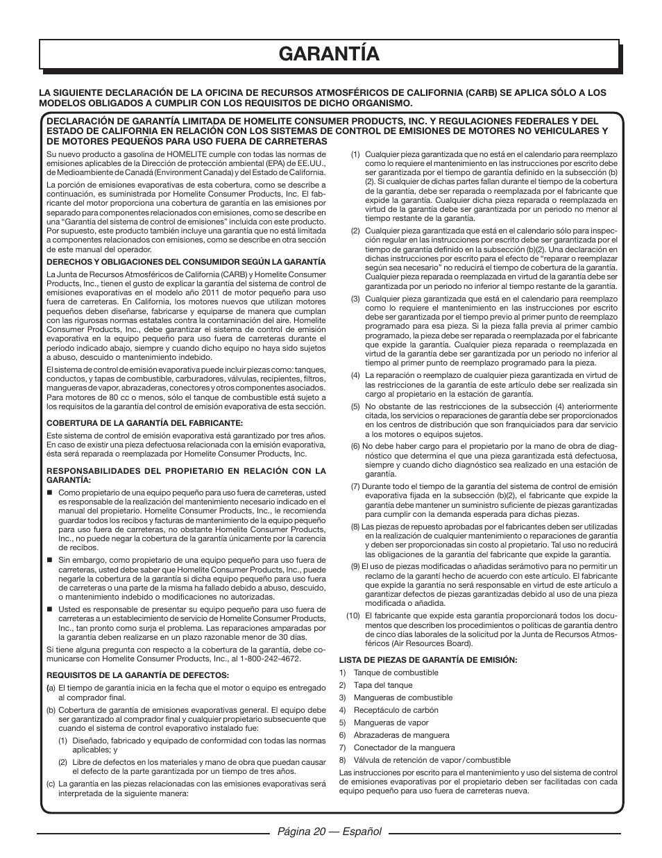 Garantía, Página 20 — español | Homelite UT903611 User Manual | Page 63 / 64