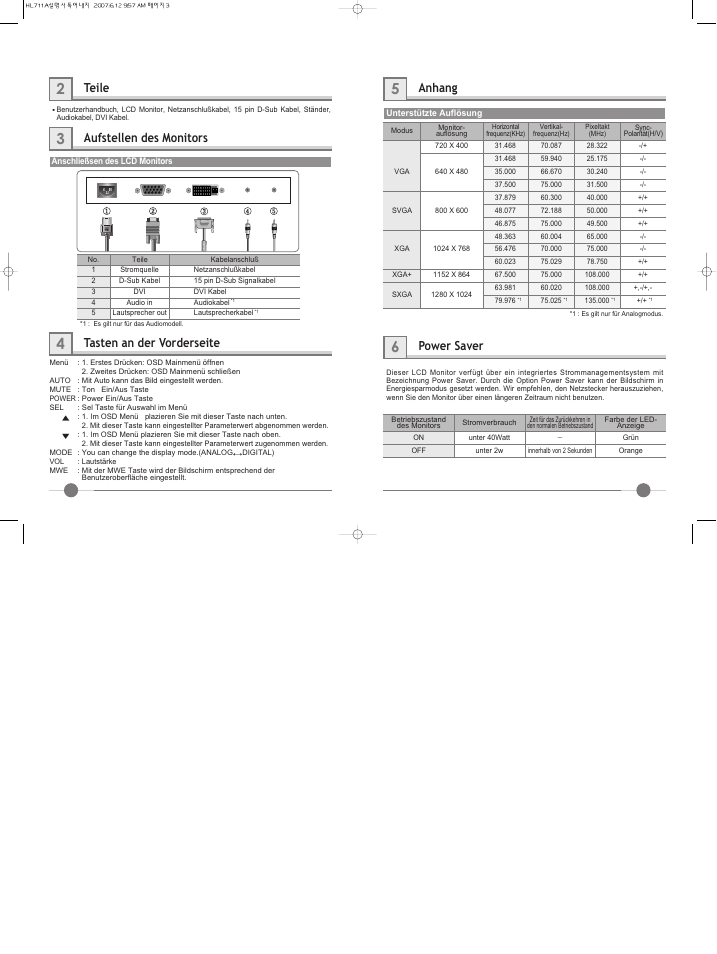 Teile, Aufstellen des monitors, Tasten an der vorderseite | Anhang, Power saver | Hyundai IT LCD Monitor U90D User Manual | Page 14 / 27