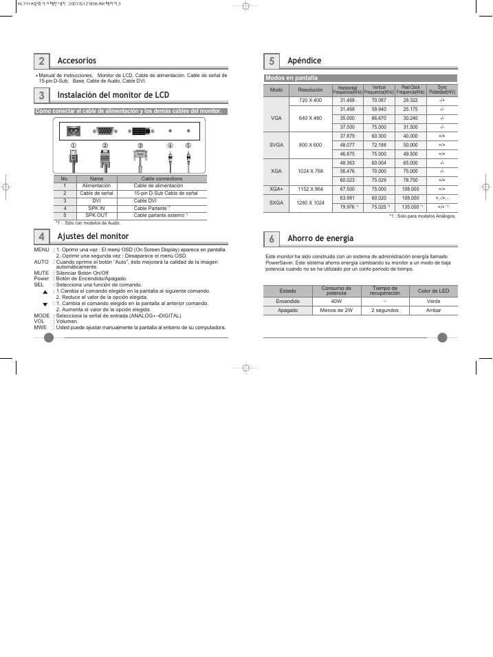 Accesorios, Instalación del monitor de lcd, Ajustes del monitor | Apéndice, Ahorro de energía | Hyundai IT LCD Monitor U90D User Manual | Page 24 / 27