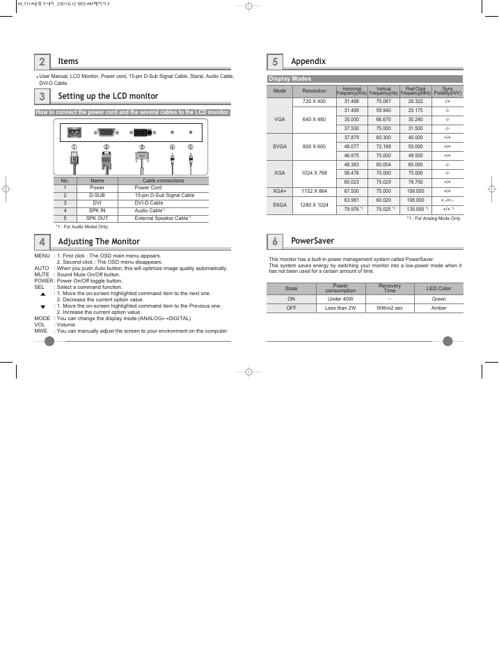 Items, Setting up the lcd monitor, Adjusting the monitor | Appendix, Powersaver | Hyundai IT LCD Monitor U90D User Manual | Page 4 / 27