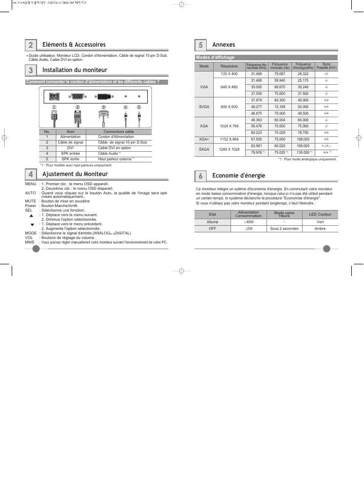 Annexes, Economie d'énergie, Eléments & accessoires | Installation du moniteur, Ajustement du moniteur | Hyundai IT LCD Monitor U90D User Manual | Page 9 / 27