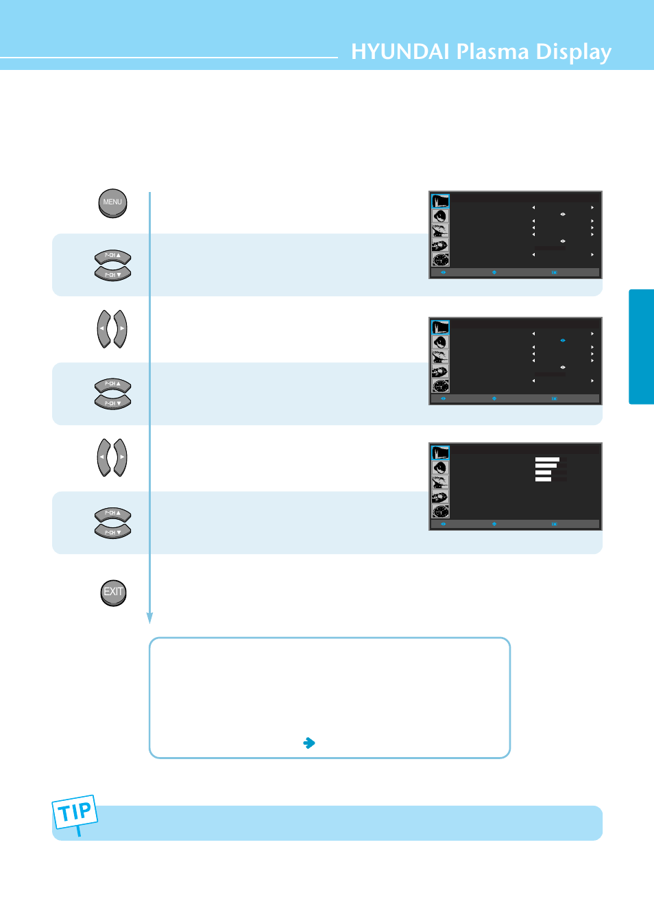 How to set the desired picture, Hyundai plasma display, Picture setup | Exit | Hyundai HQP421HR User Manual | Page 39 / 102