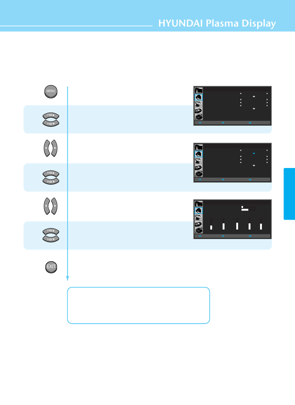 How to set the desired audio, Hyundai plasma display, Sound setup | Exit | Hyundai HQP421HR User Manual | Page 51 / 102