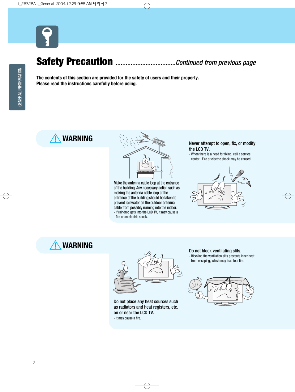 Safety precaution, Warning, Continued from previous page | Hyundai HQL260WR User Manual | Page 10 / 85