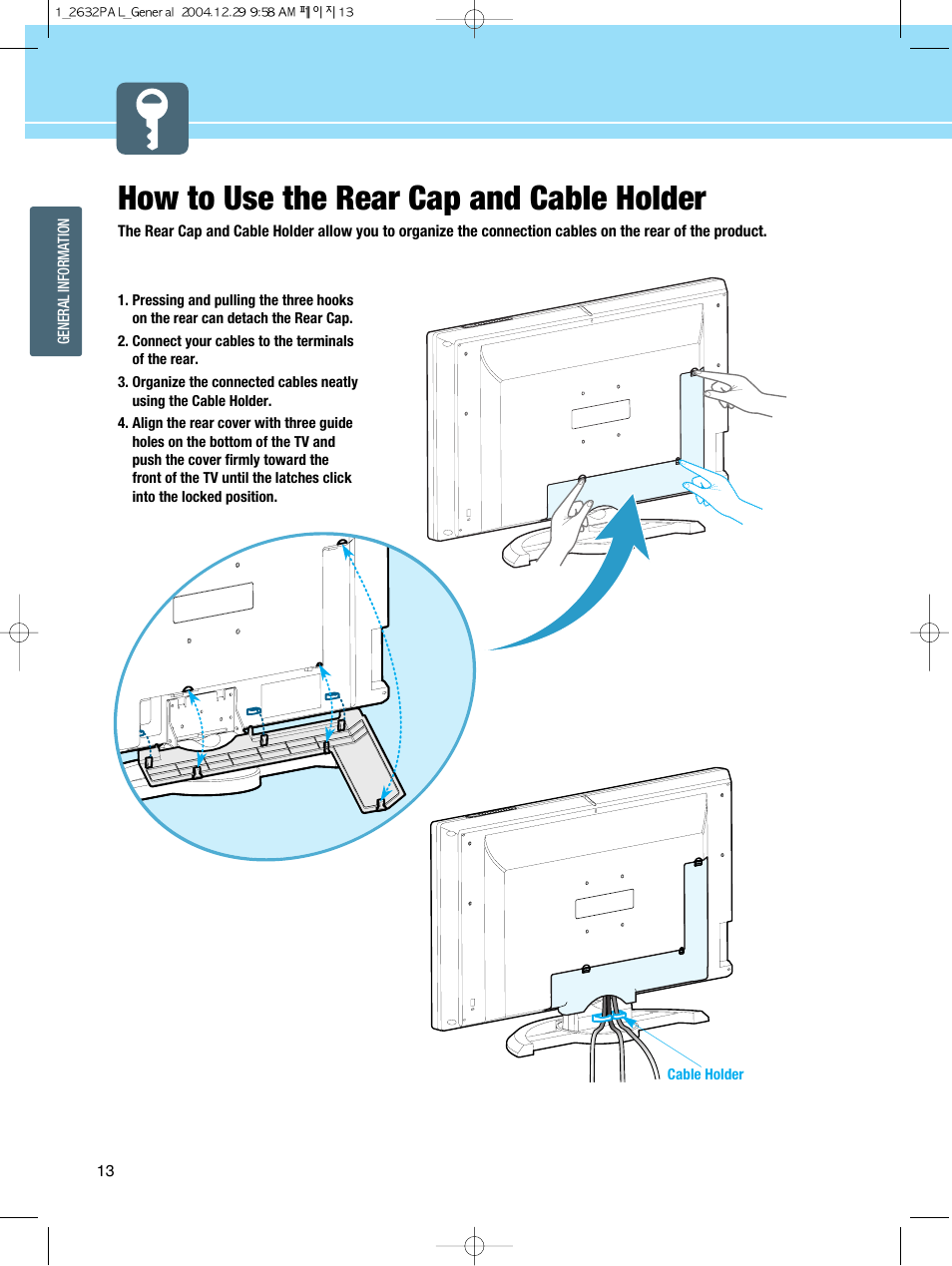 How to use the rear cap and cable holder | Hyundai HQL260WR User Manual | Page 16 / 85