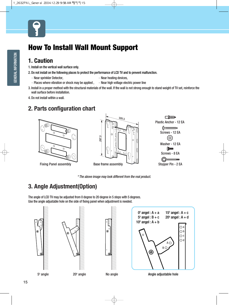 How to install wall mount support, Caution, Parts configuration chart | Angle adjustment(option) | Hyundai HQL260WR User Manual | Page 18 / 85