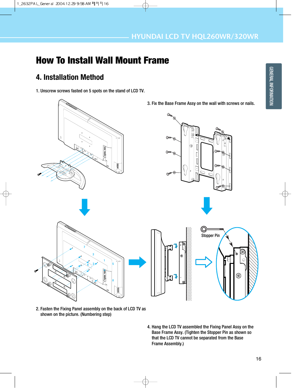 How to install wall mount frame, Installation method | Hyundai HQL260WR User Manual | Page 19 / 85