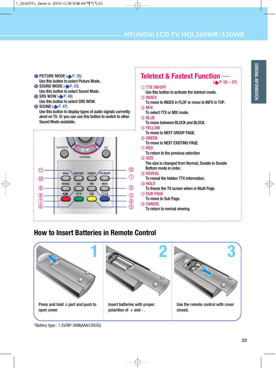 How to insert batteries in remote control, Teletext & fastext function | Hyundai HQL260WR User Manual | Page 23 / 85