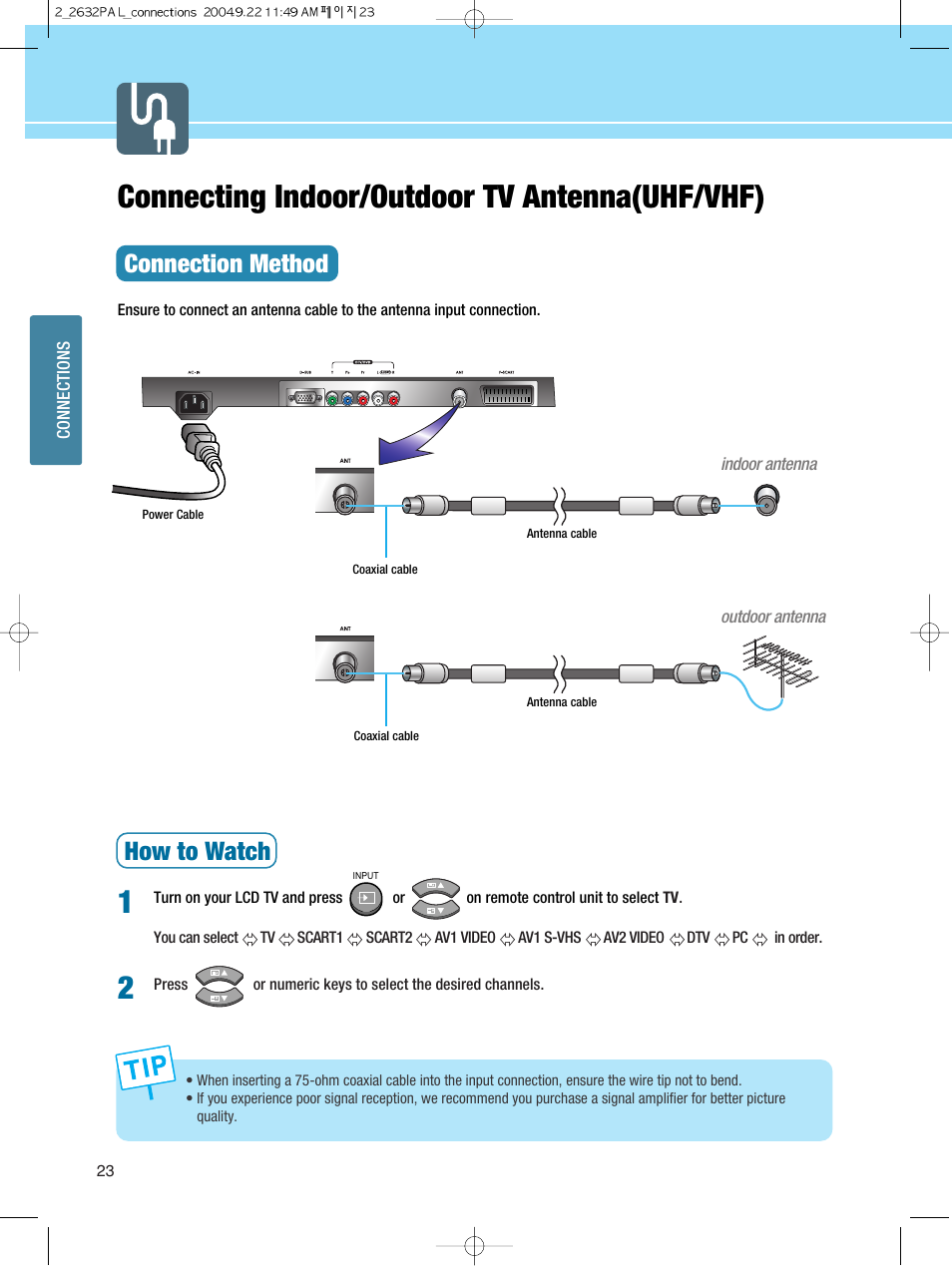 Connecting indoor/outdoor tv antenna(uhf/vhf), Connection method, How to watch | Hyundai HQL260WR User Manual | Page 26 / 85