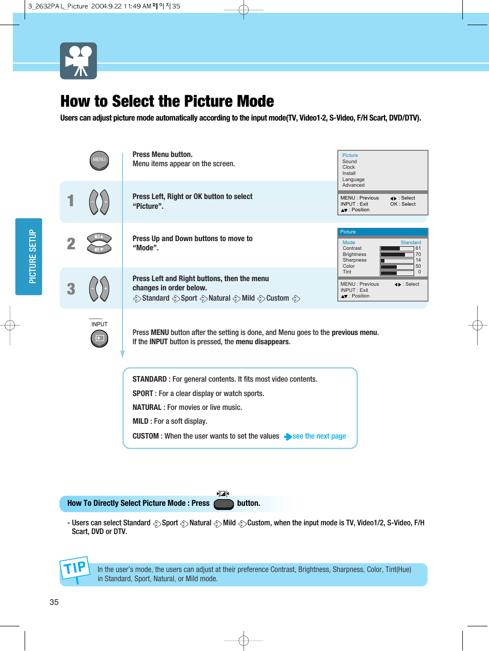 12 3 how to select the picture mode | Hyundai HQL260WR User Manual | Page 38 / 85