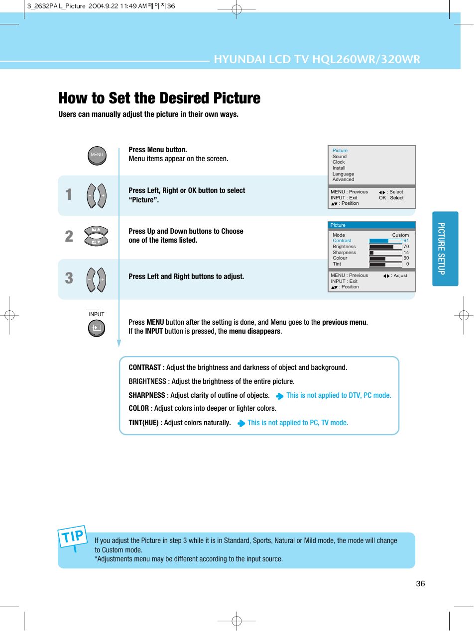 How to set the desired picture | Hyundai HQL260WR User Manual | Page 39 / 85